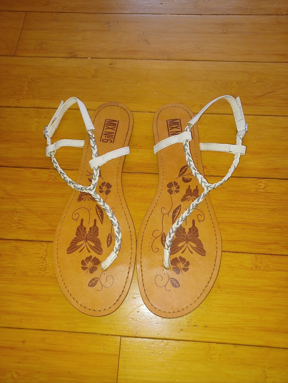 Mix No. 6 White Braided T-Strap Floral Footbed Sandals